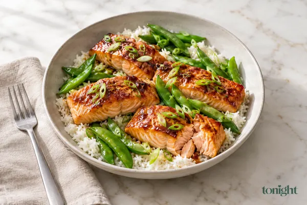 Lachs mit Zuckererbsen, japanisch inspiriert